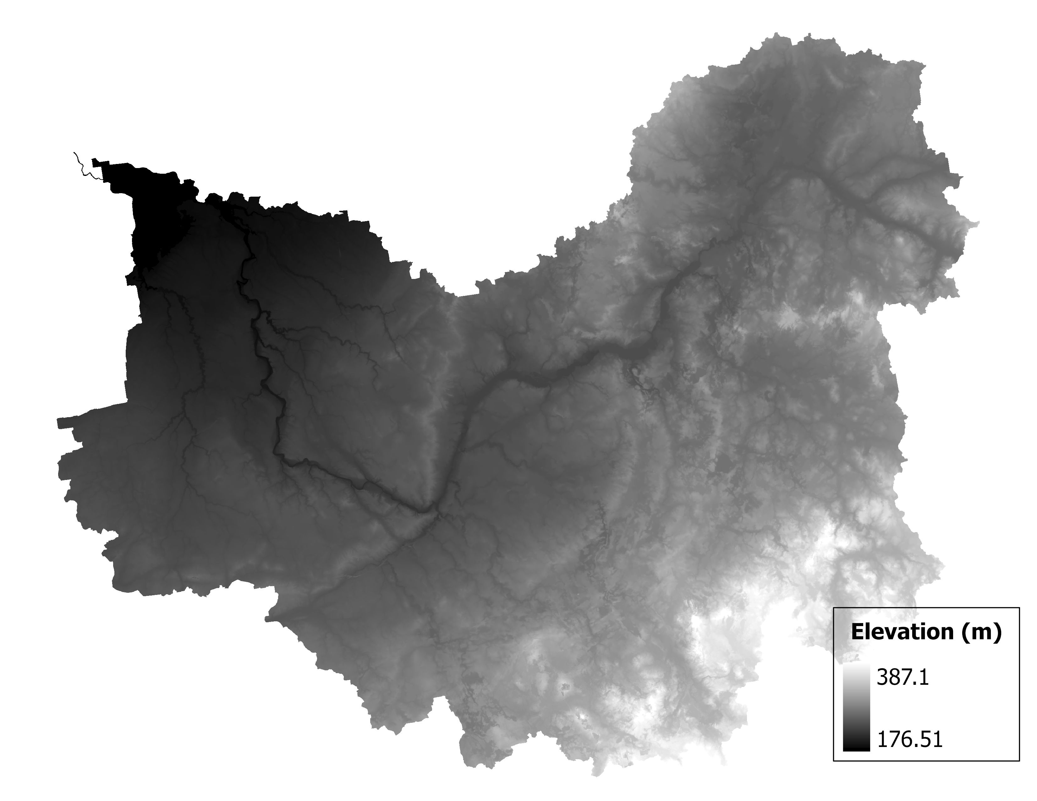 Figure 1.2: Map of elevation in the Flint subbasin. Blue stars indicate the watershed drainage point.