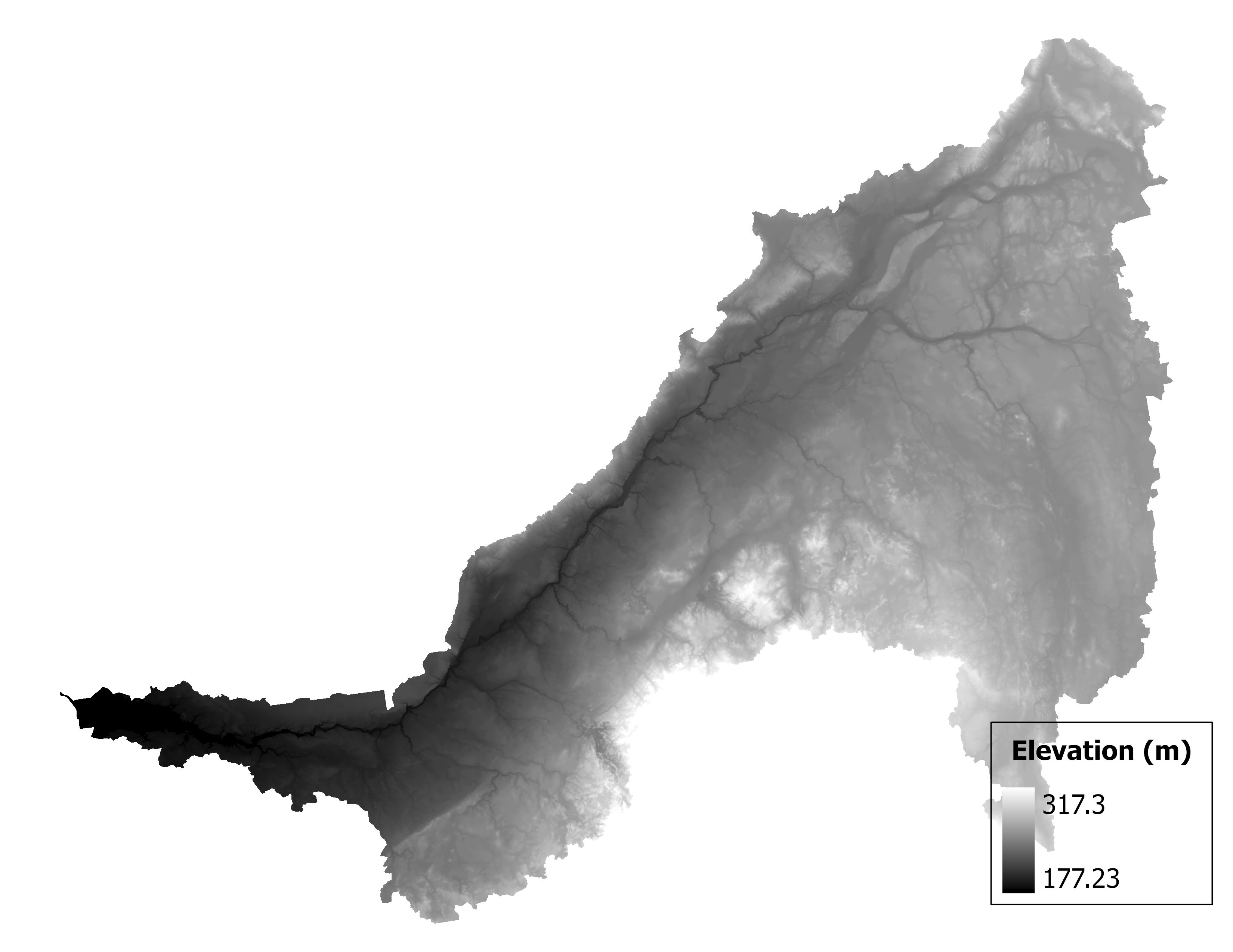 Figure 1.2: Map of elevation in the Cass subbasin. Blue stars indicate the watershed drainage point.