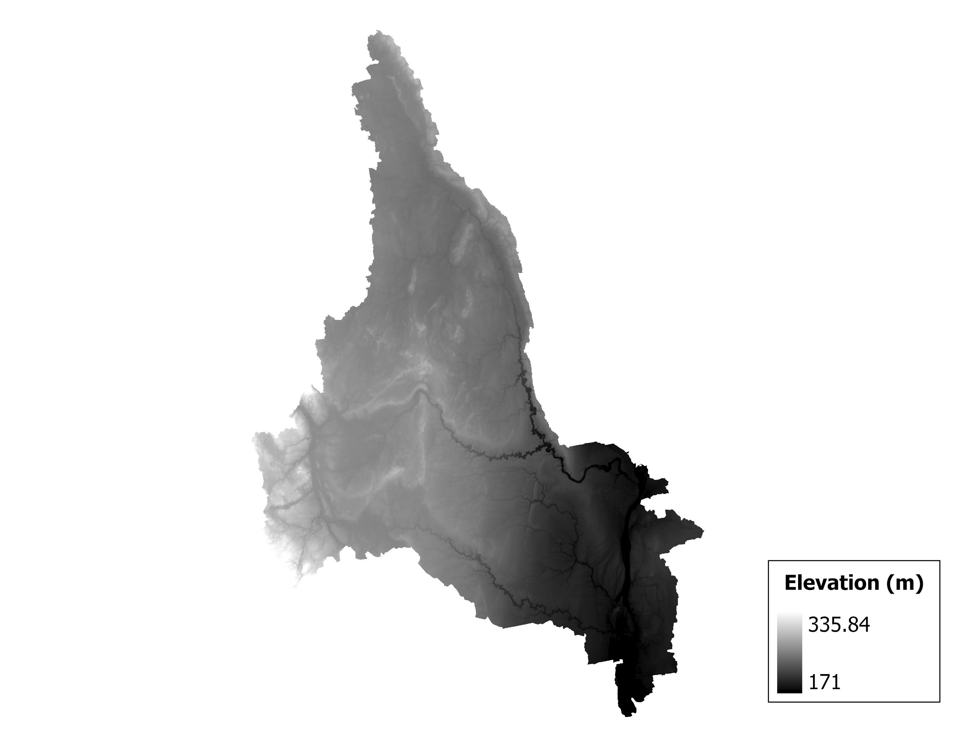 Figure 1.2: Map of elevation in the St. Clair subbasin. Blue stars indicate the watershed drainage point.