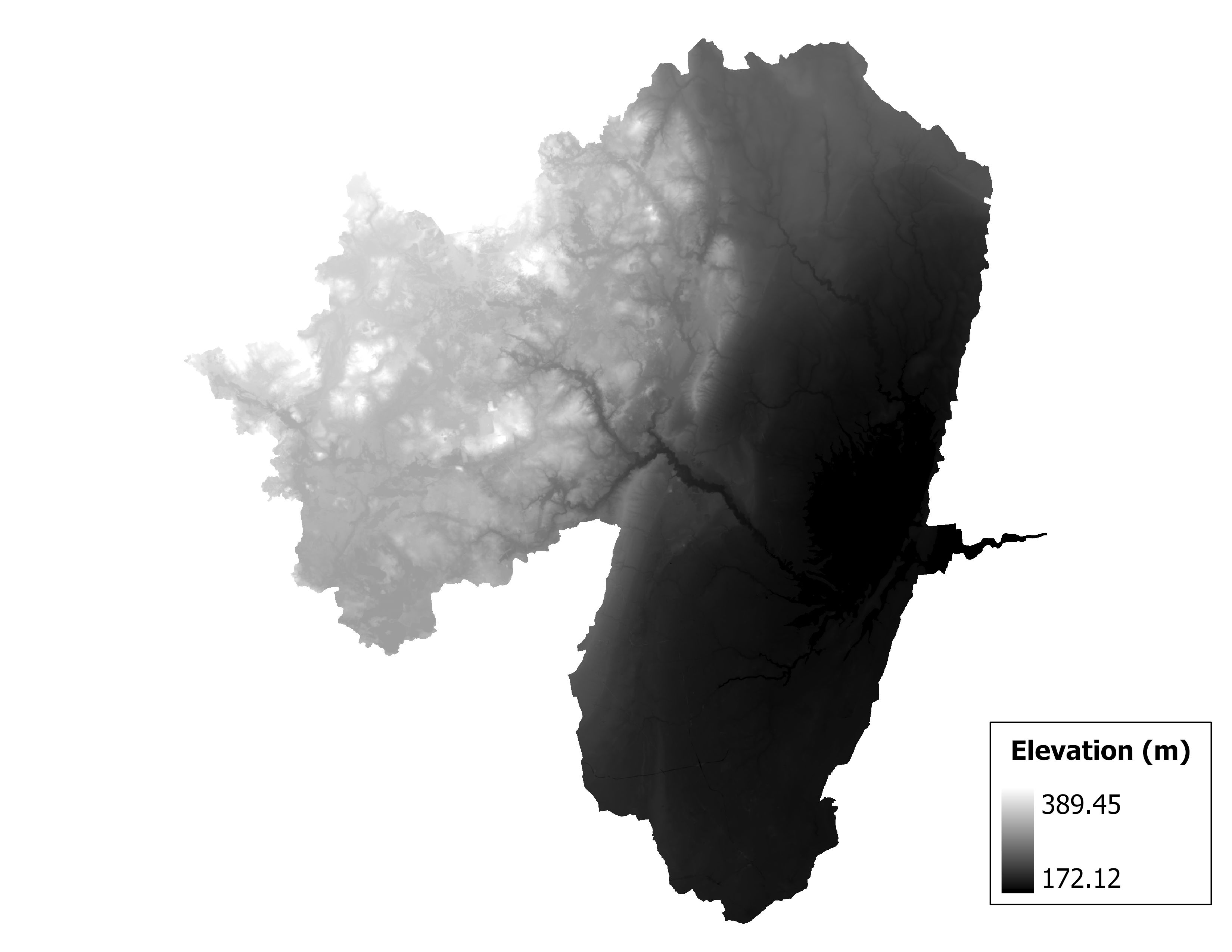 Figure 1.2: Map of elevation in the Clinton subbasin. Blue stars indicate the watershed drainage point.