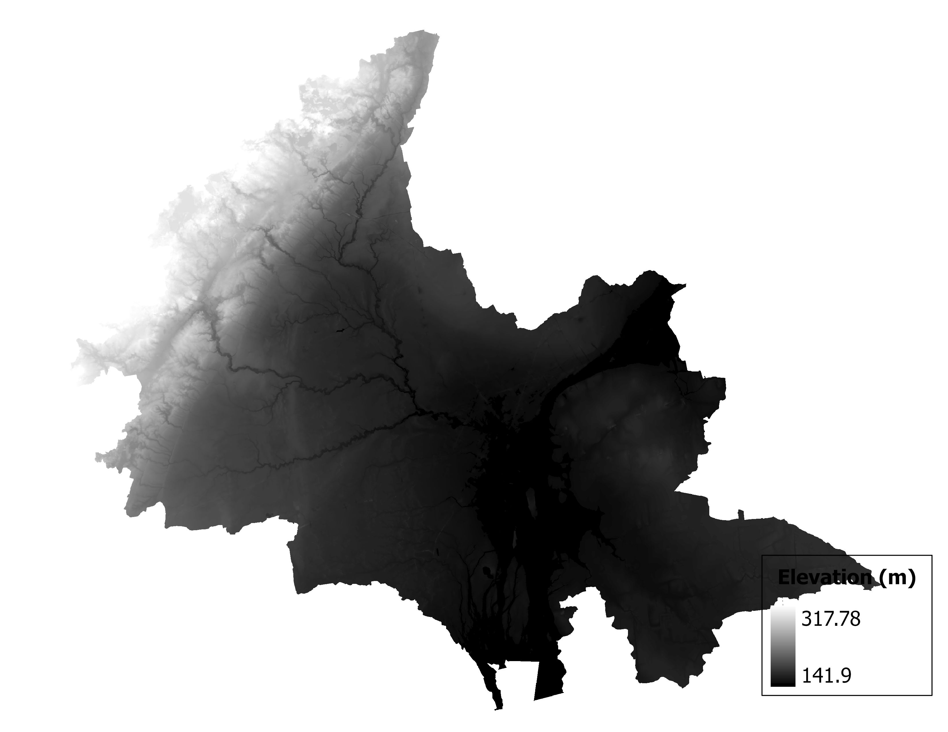 Figure 1.2: Map of elevation in the Detroit subbasin. Blue stars indicate the watershed drainage point.