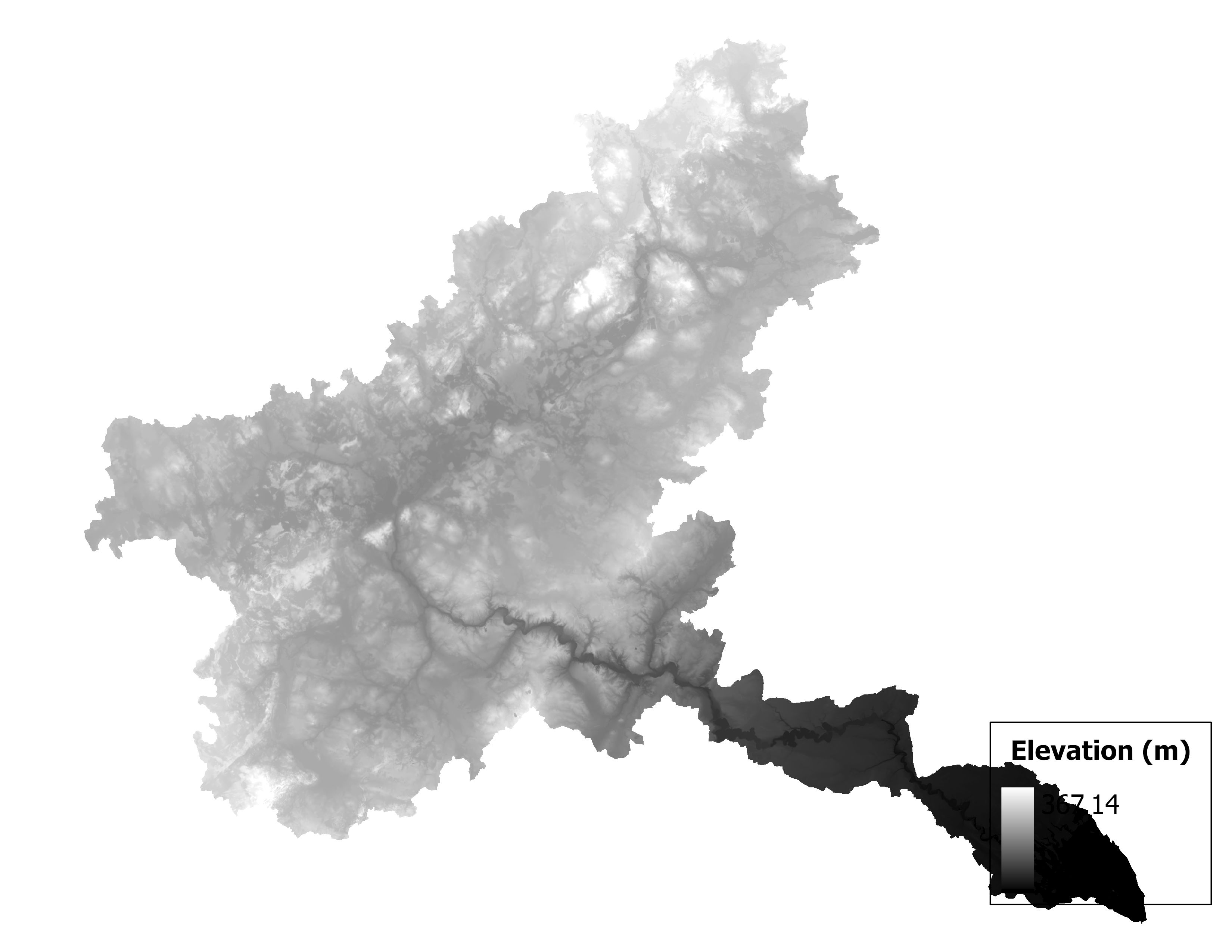 Figure 1.2: Map of elevation in the Huron subbasin. Blue stars indicate the watershed drainage point.