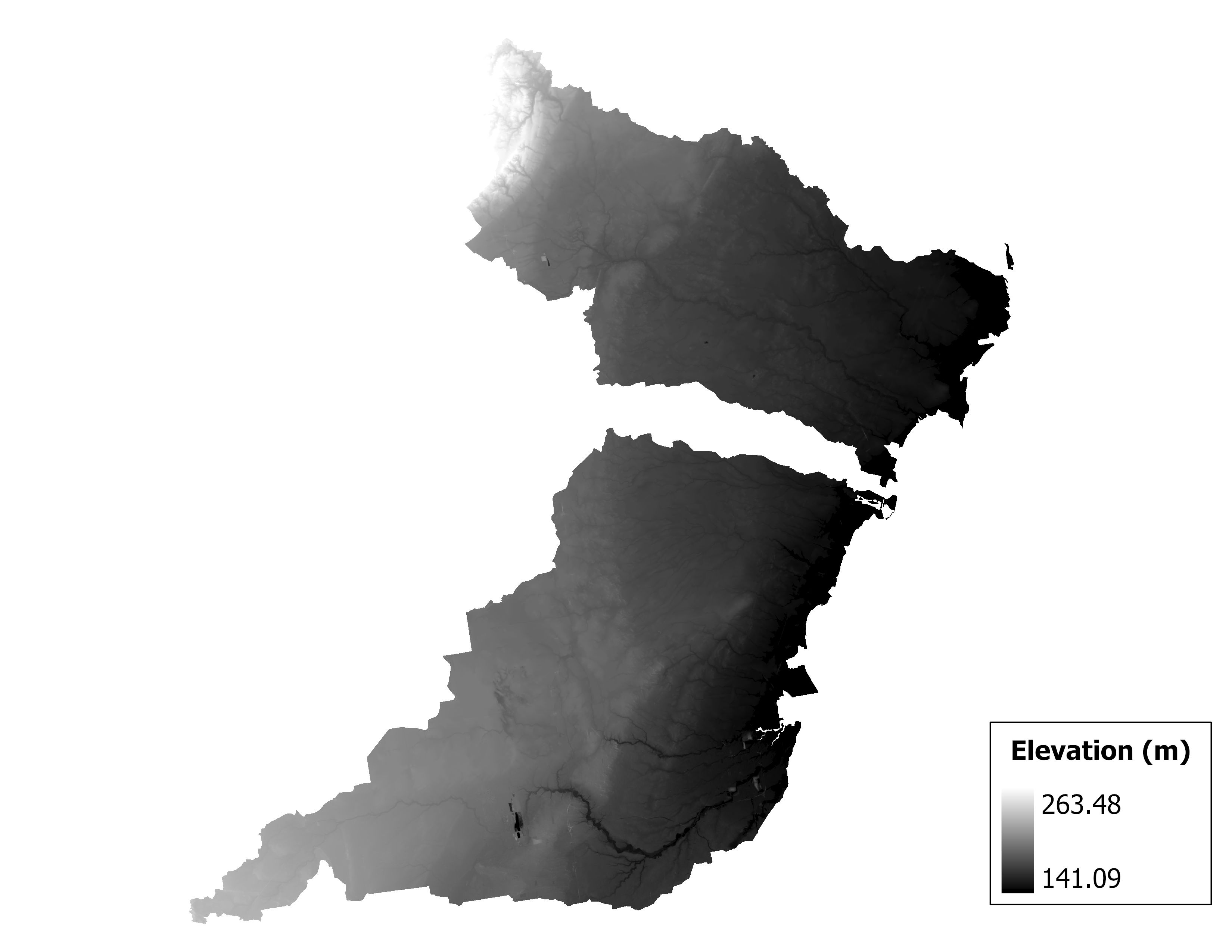 Figure 1.2: Map of elevation in the Ottawa-Stony subbasin. Blue stars indicate the watershed drainage point.