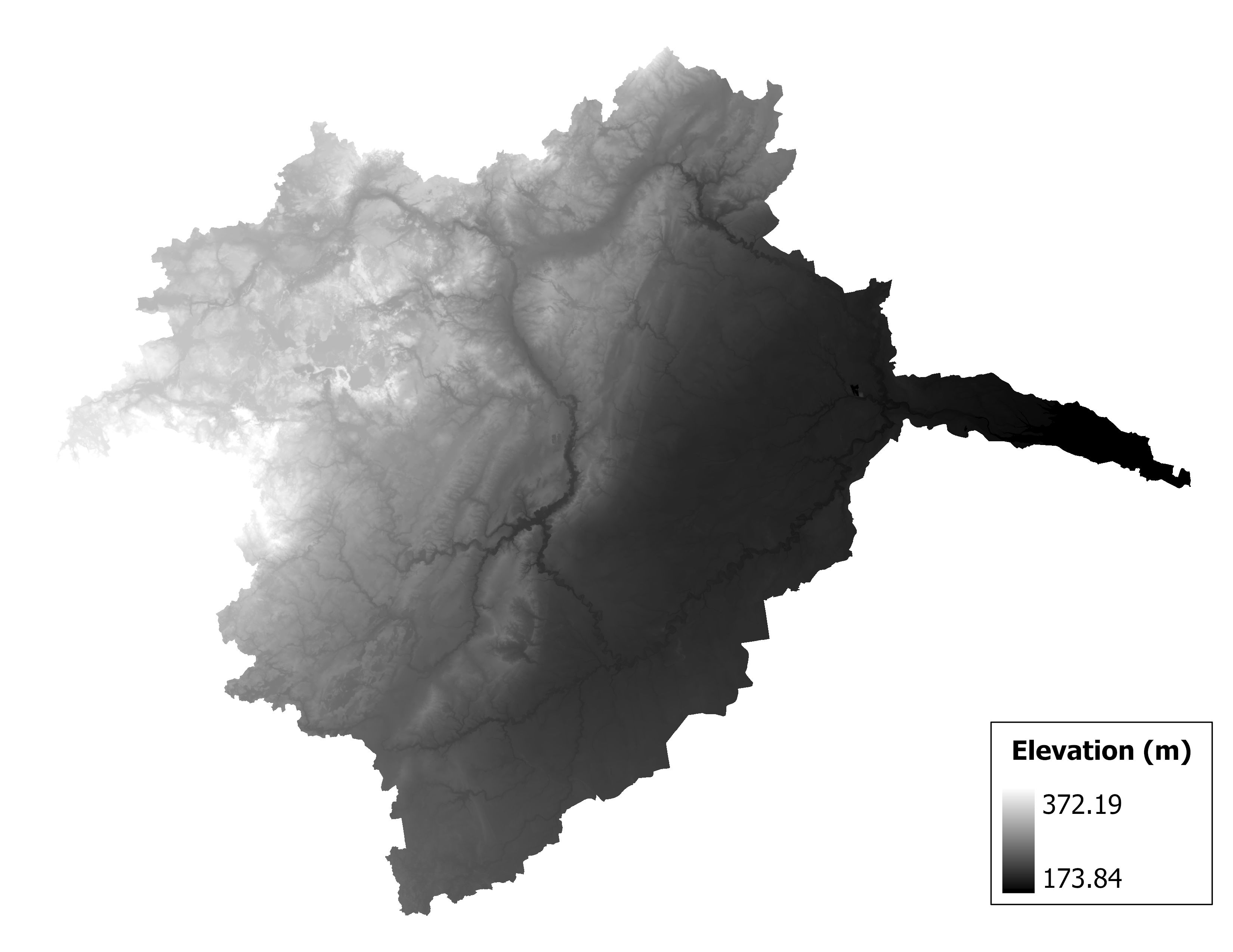 Figure 1.2: Map of elevation in the Raisin subbasin. Blue stars indicate the watershed drainage point.