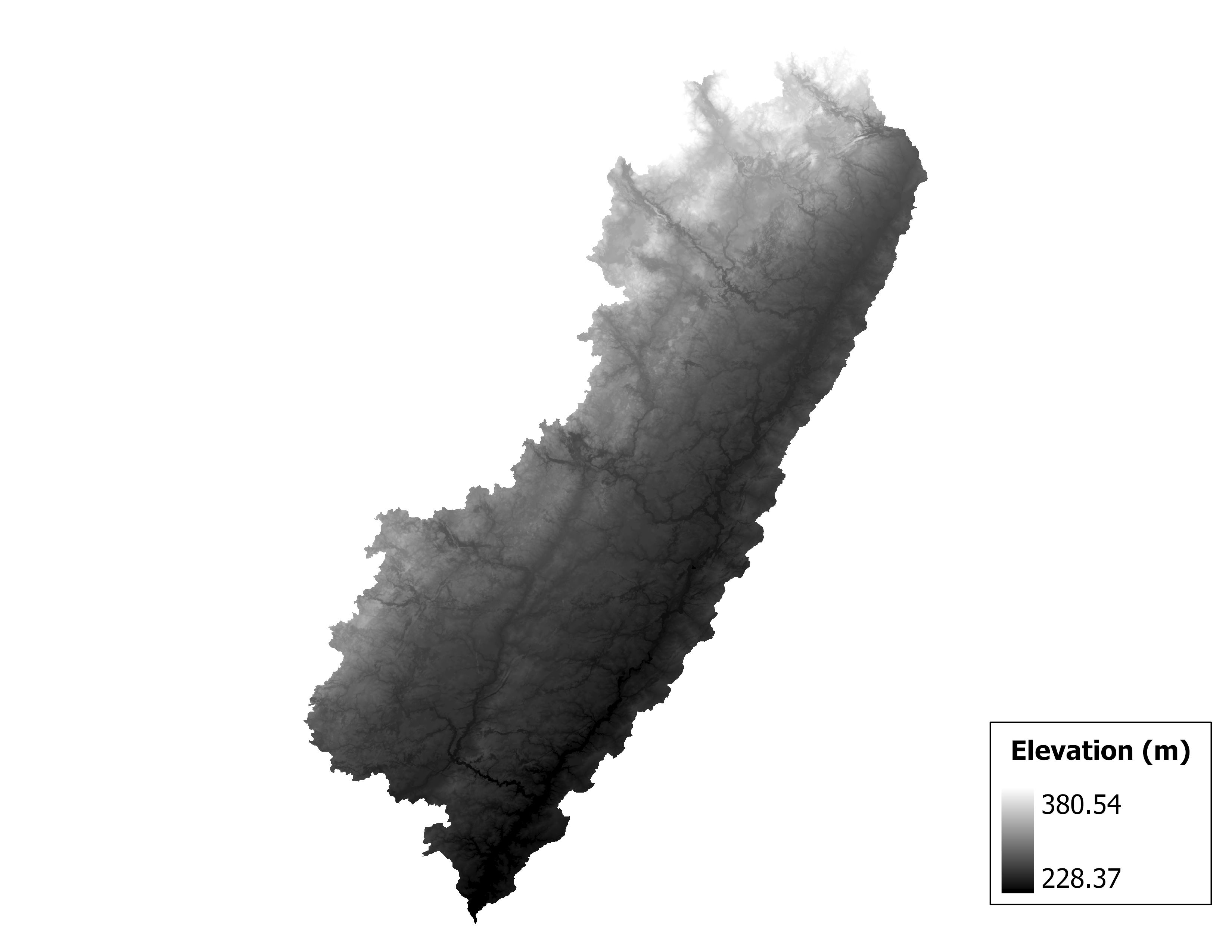 Figure 1.2: Map of elevation in the St. Joseph subbasin. Blue stars indicate the watershed drainage point.