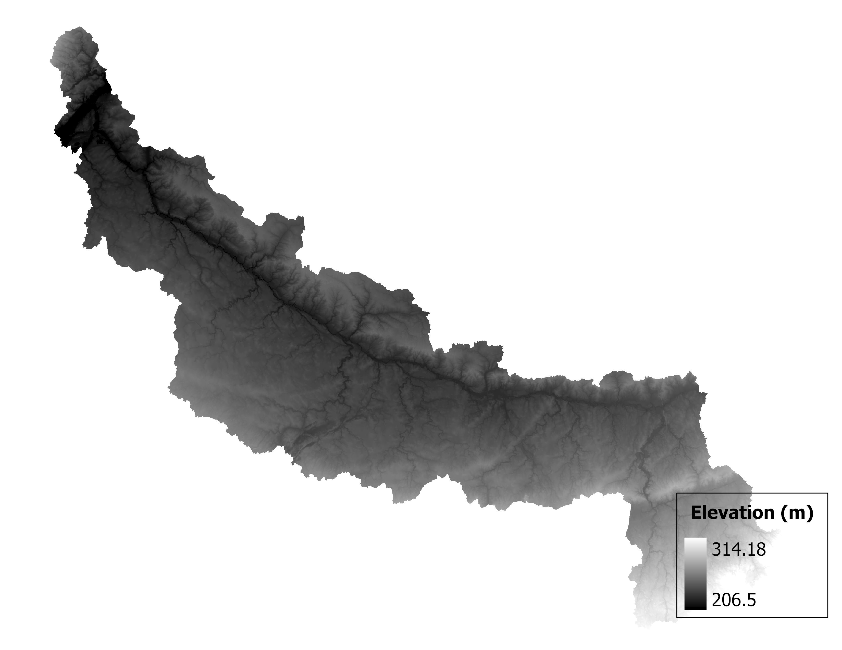 Figure 1.2: Map of elevation in the St. Marys subbasin. Blue stars indicate the watershed drainage point.