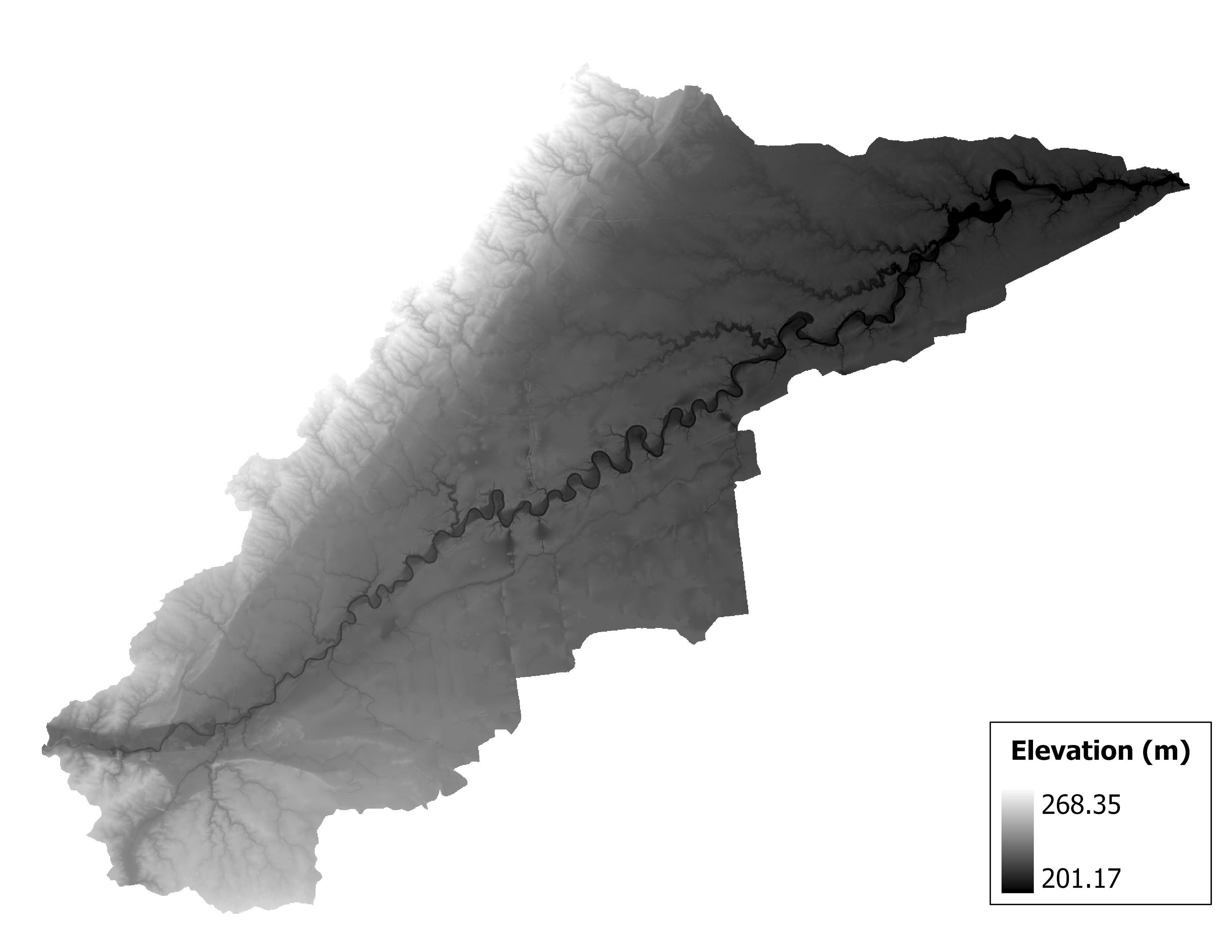 Figure 1.2: Map of elevation in the Upper Maumee subbasin. Blue stars indicate the watershed drainage point.