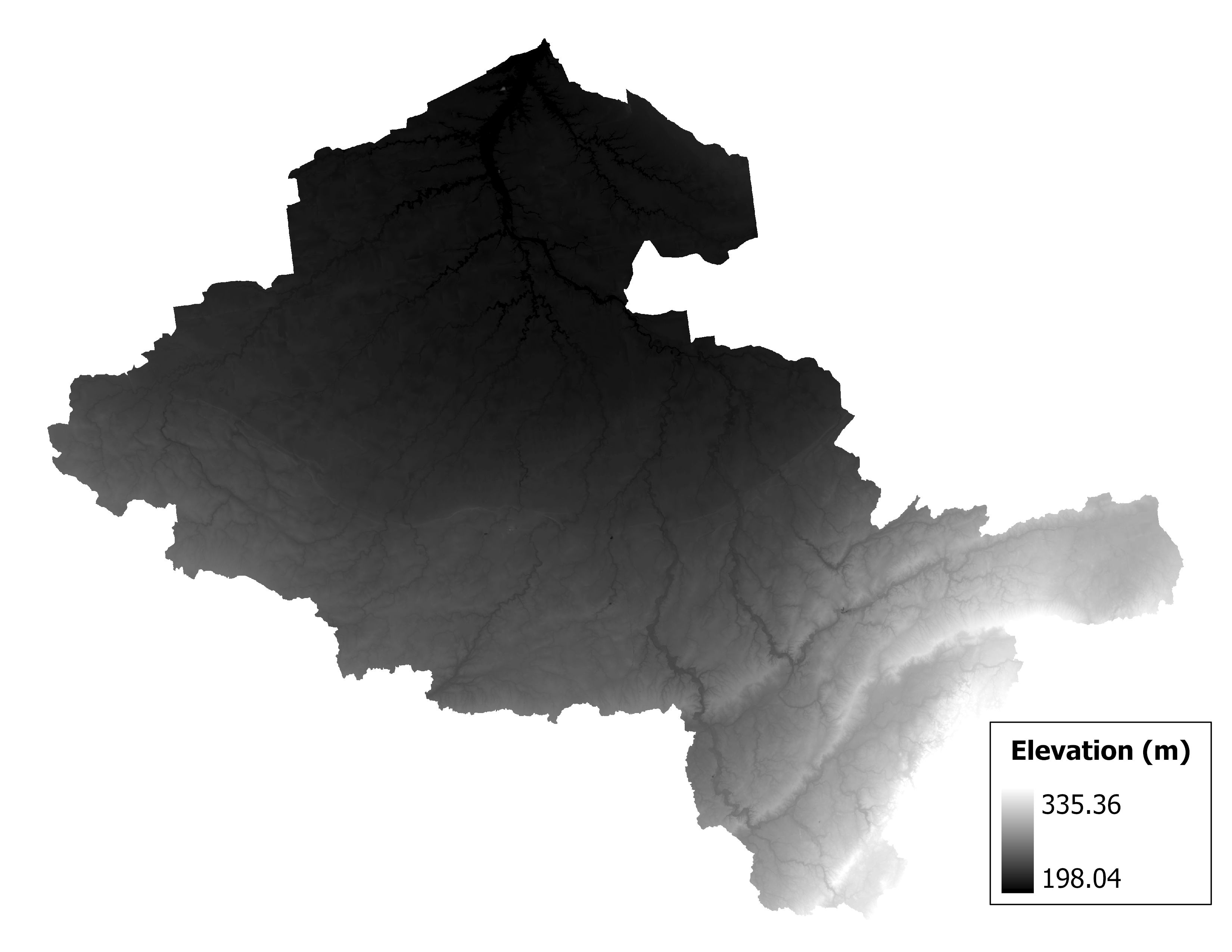 Figure 1.2: Map of elevation in the Auglaize subbasin. Blue stars indicate the watershed drainage point.