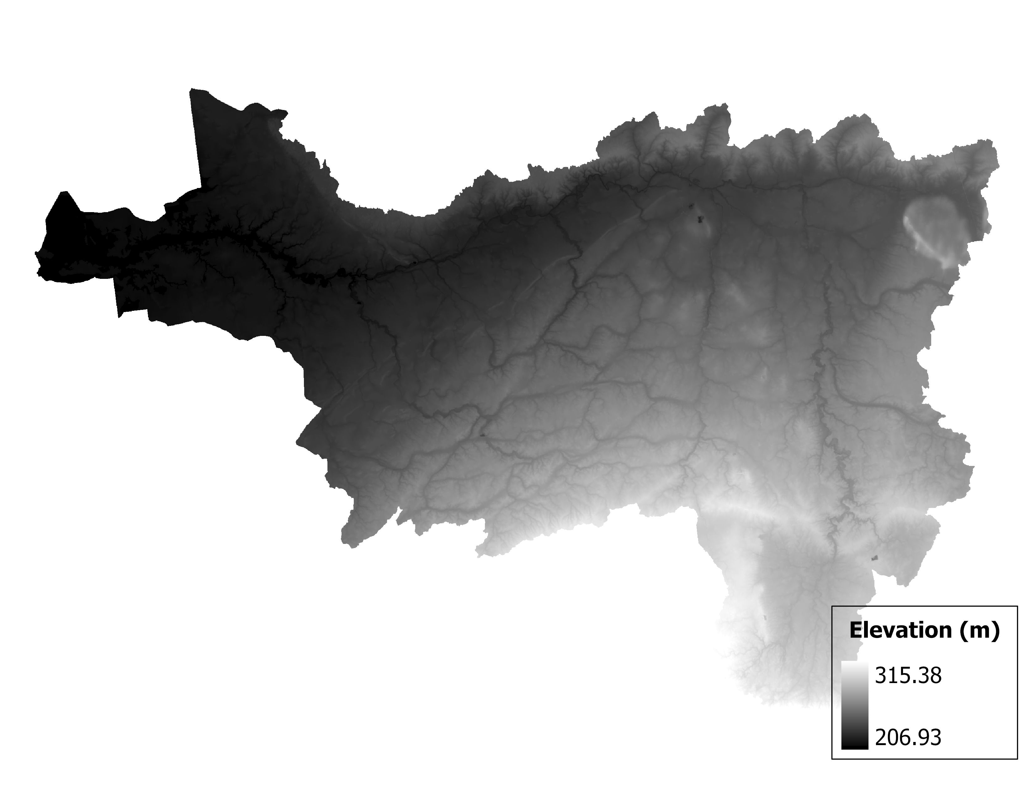 Figure 1.2: Map of elevation in the Blanchard subbasin. Blue stars indicate the watershed drainage point.