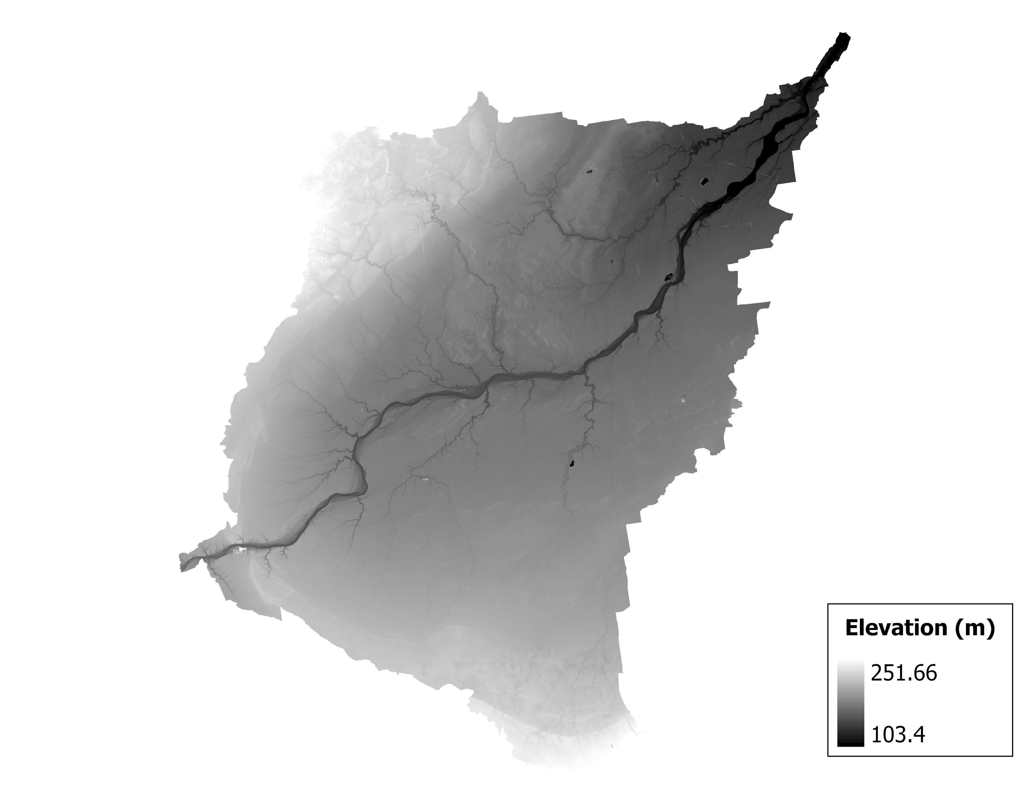 Figure 1.2: Map of elevation in the Lower Maumee subbasin. Blue stars indicate the watershed drainage point.