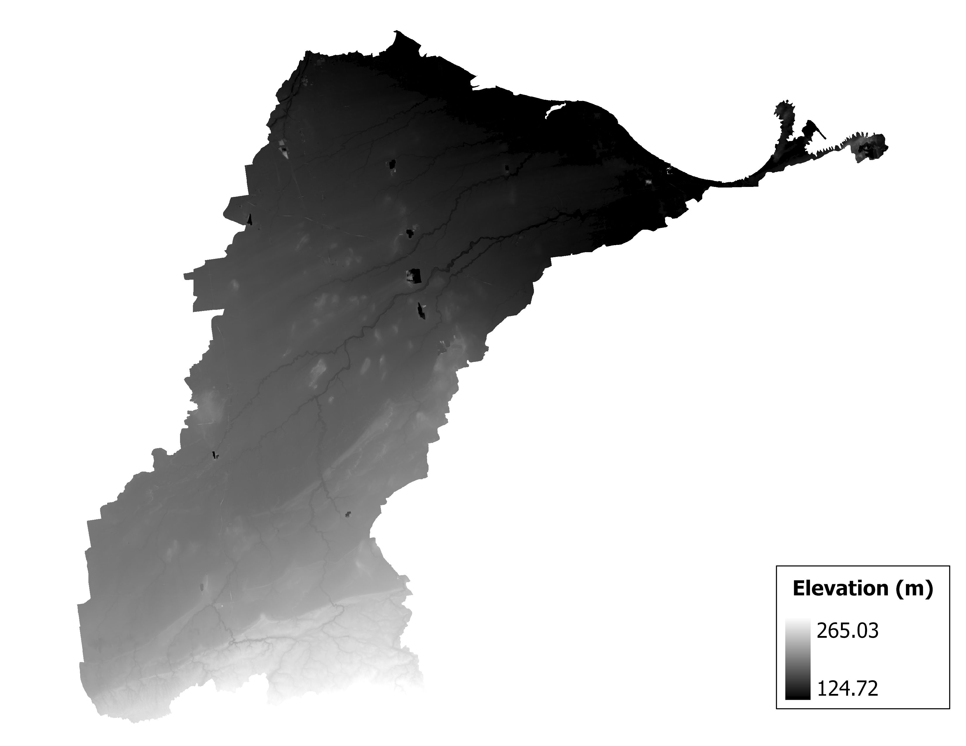 Figure 1.2: Map of elevation in the Cedar-Portage subbasin. Blue stars indicate the watershed drainage point.