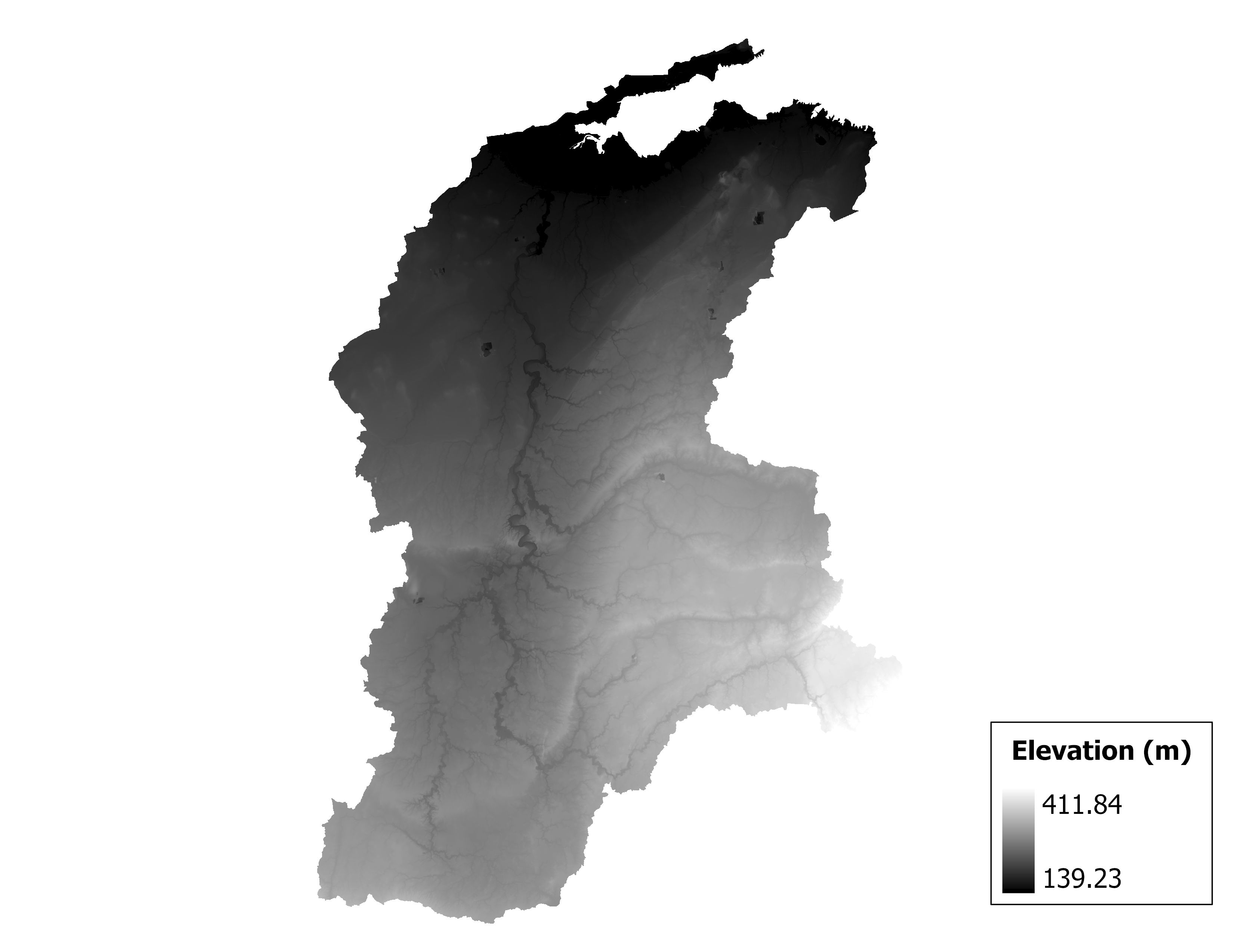 Figure 1.2: Map of elevation in the Sandusky subbasin. Blue stars indicate the watershed drainage point.