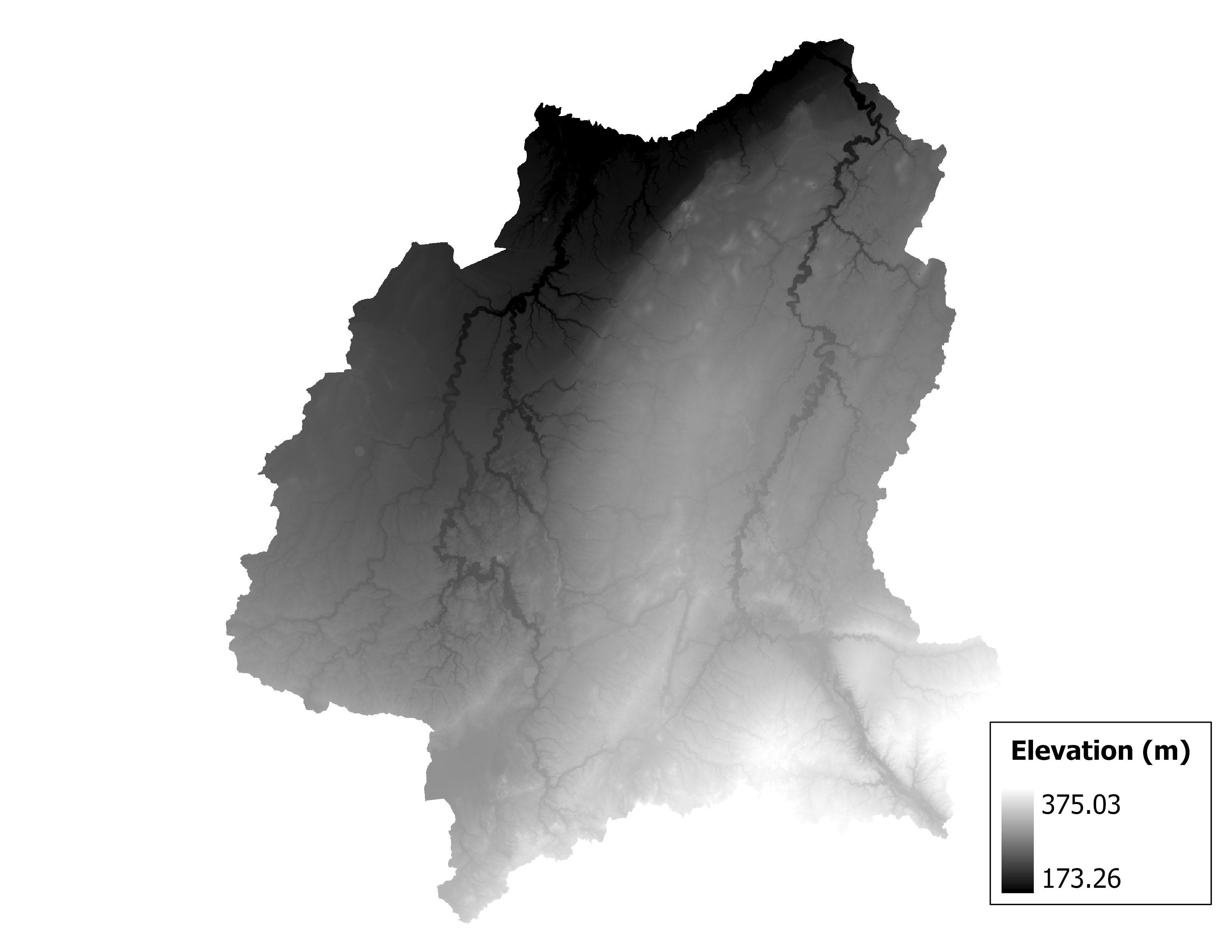 Figure 1.2: Map of elevation in the Huron-Vermilion subbasin. Blue stars indicate the watershed drainage point.