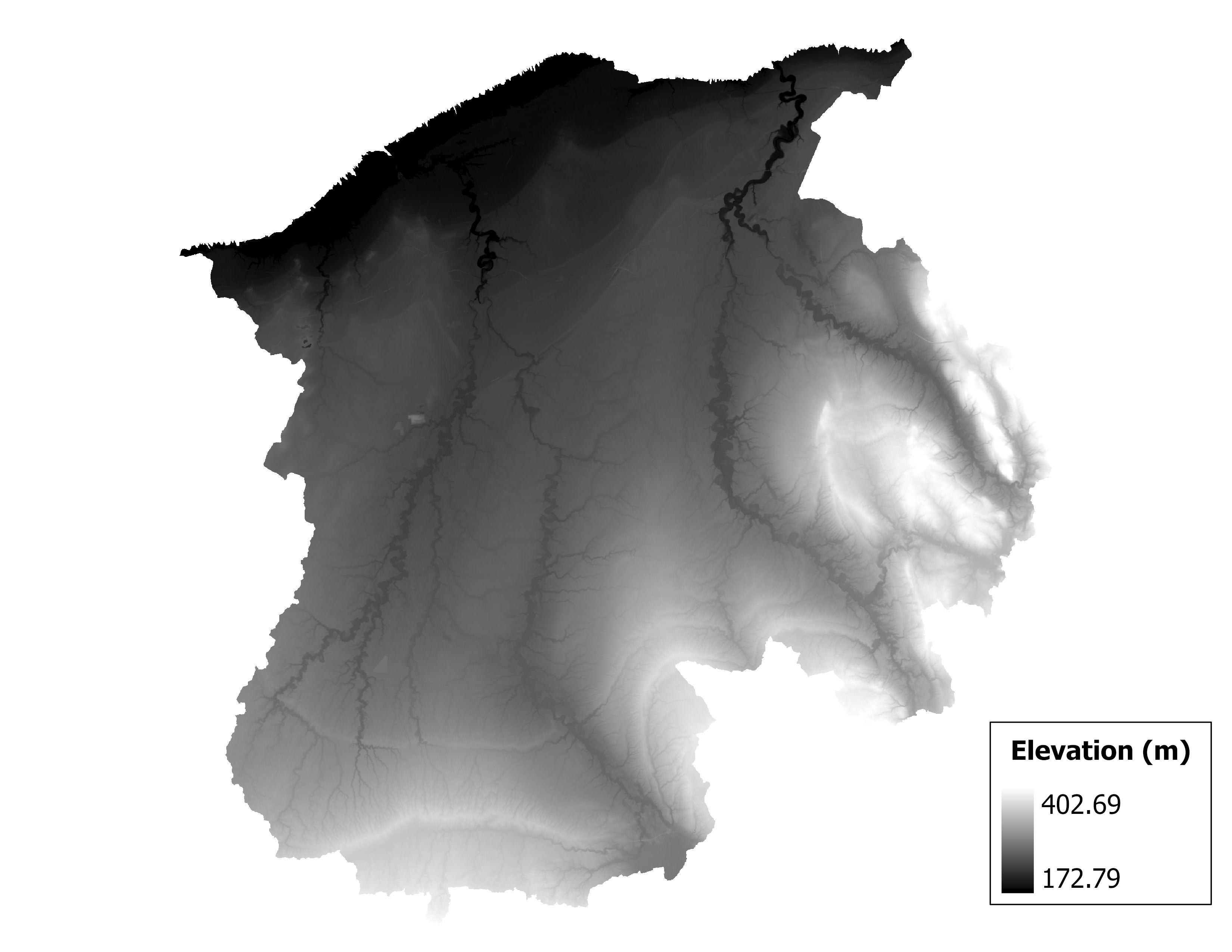 Figure 1.2: Map of elevation in the Black-Rocky subbasin. Blue stars indicate the watershed drainage point.