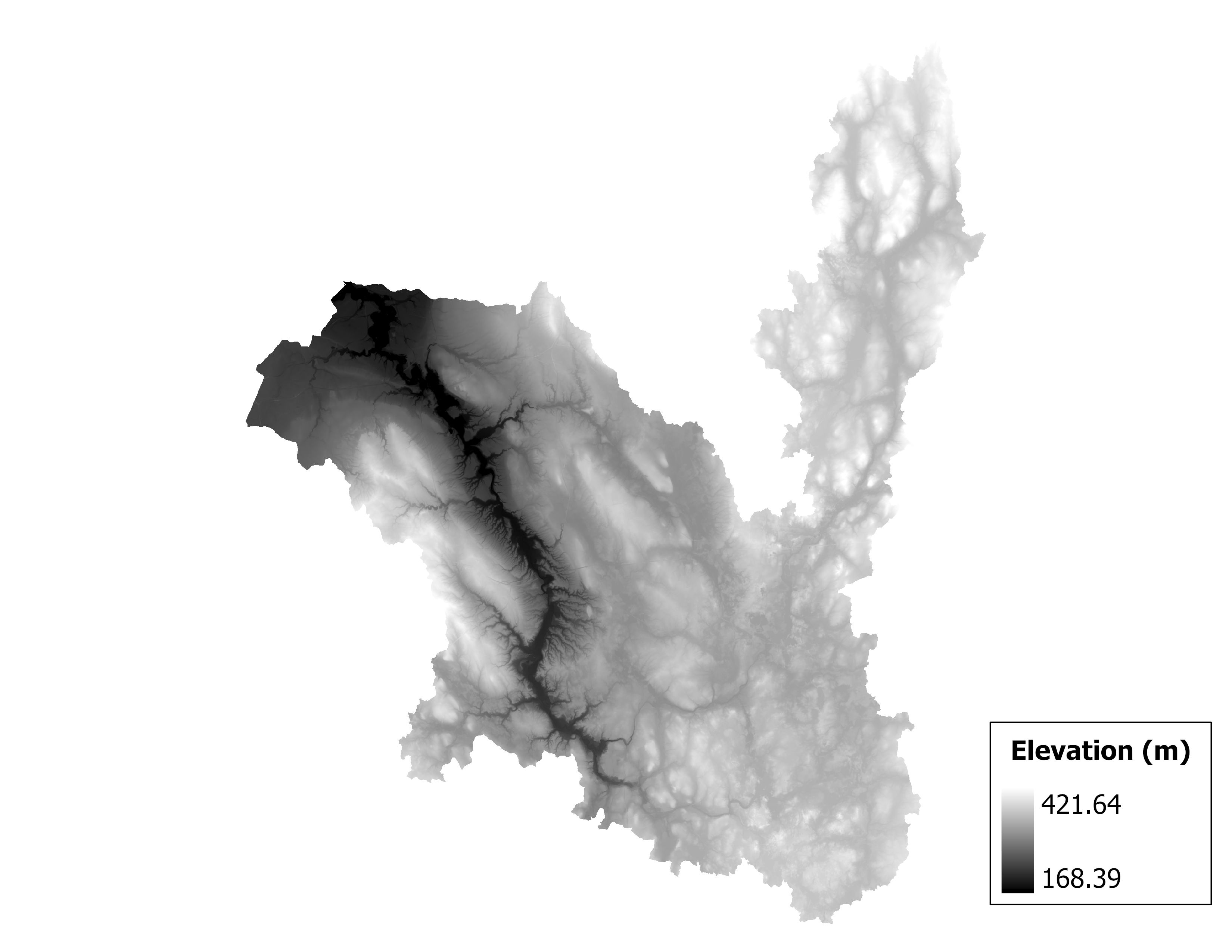 Figure 1.2: Map of elevation in the Cuyahoga subbasin. Blue stars indicate the watershed drainage point.