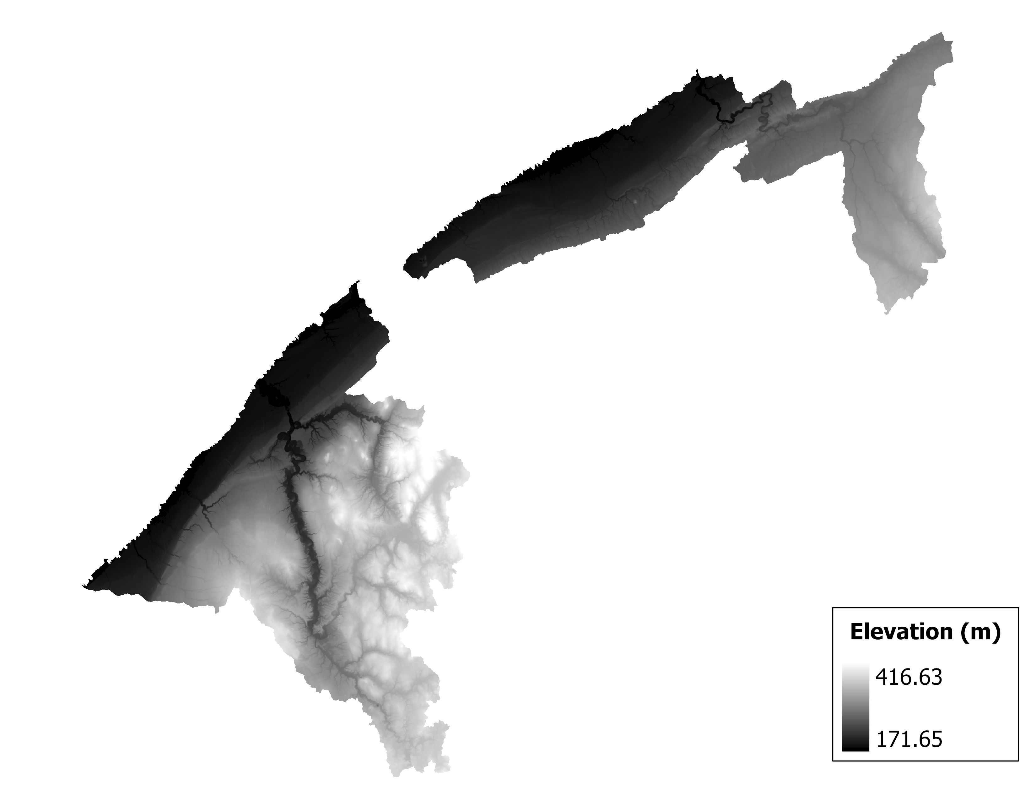 Figure 1.2: Map of elevation in the Ashtabula-Chagrin subbasin. Blue stars indicate the watershed drainage point.