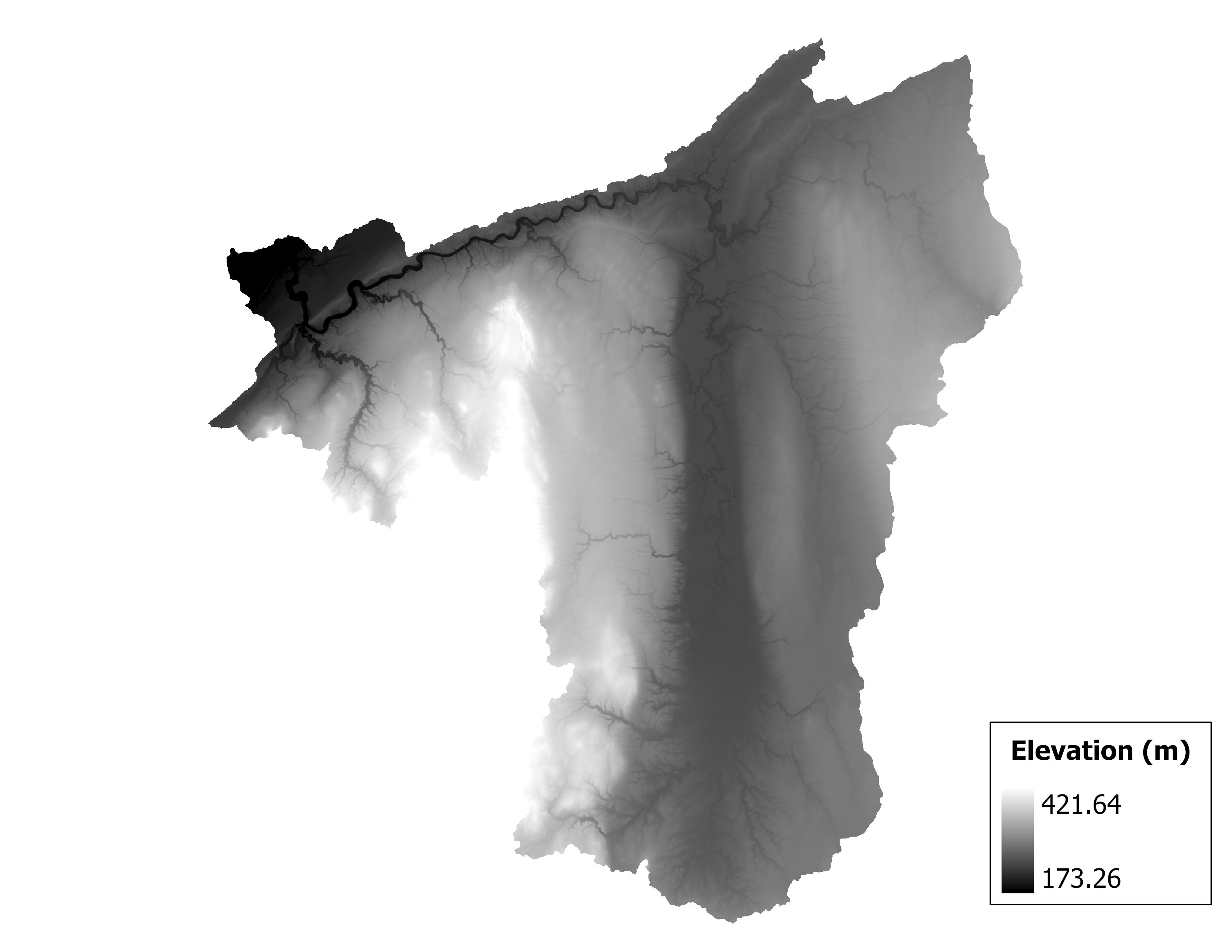 Figure 1.2: Map of elevation in the Grand subbasin. Blue stars indicate the watershed drainage point.