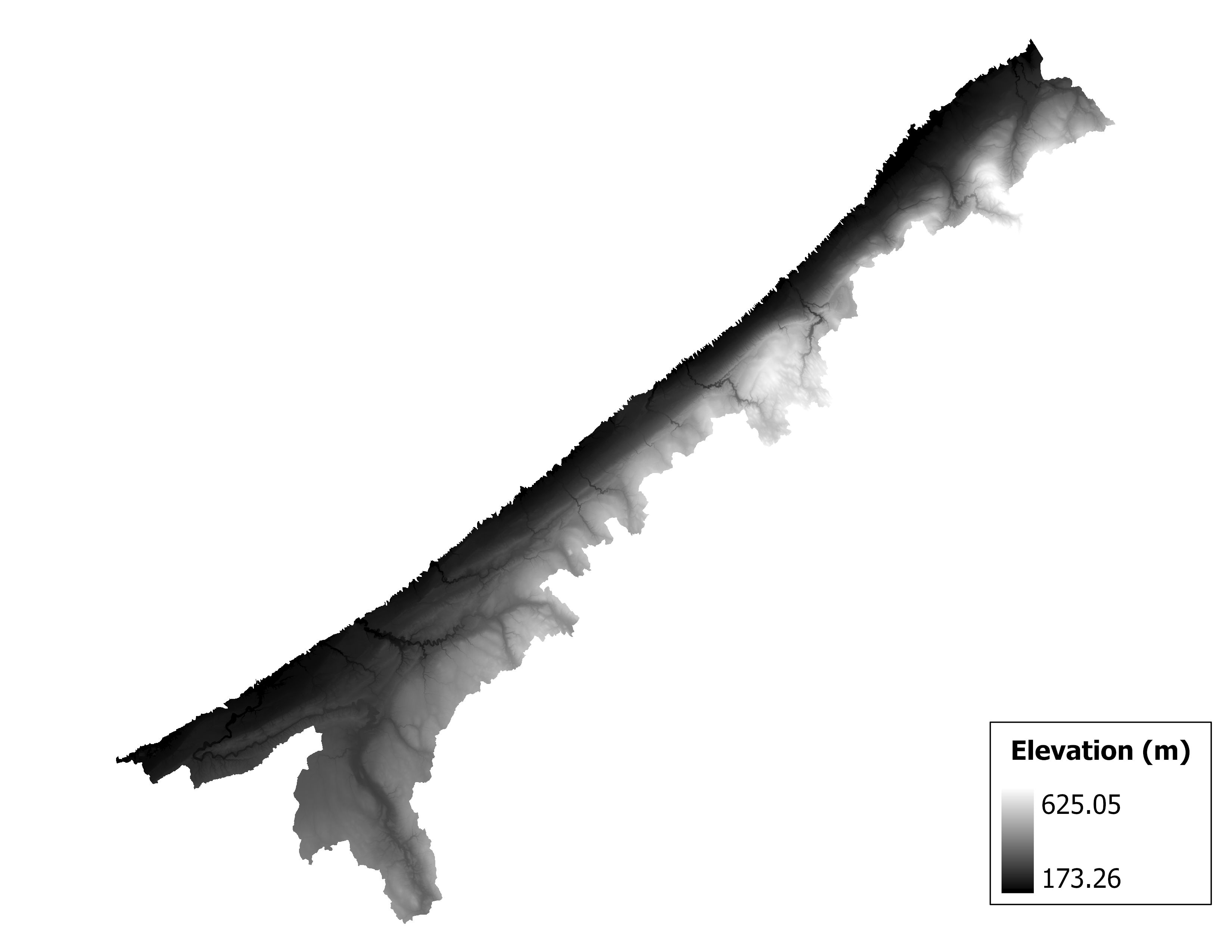 Figure 1.2: Map of elevation in the Chautauqua-Conneaut subbasin. Blue stars indicate the watershed drainage point.