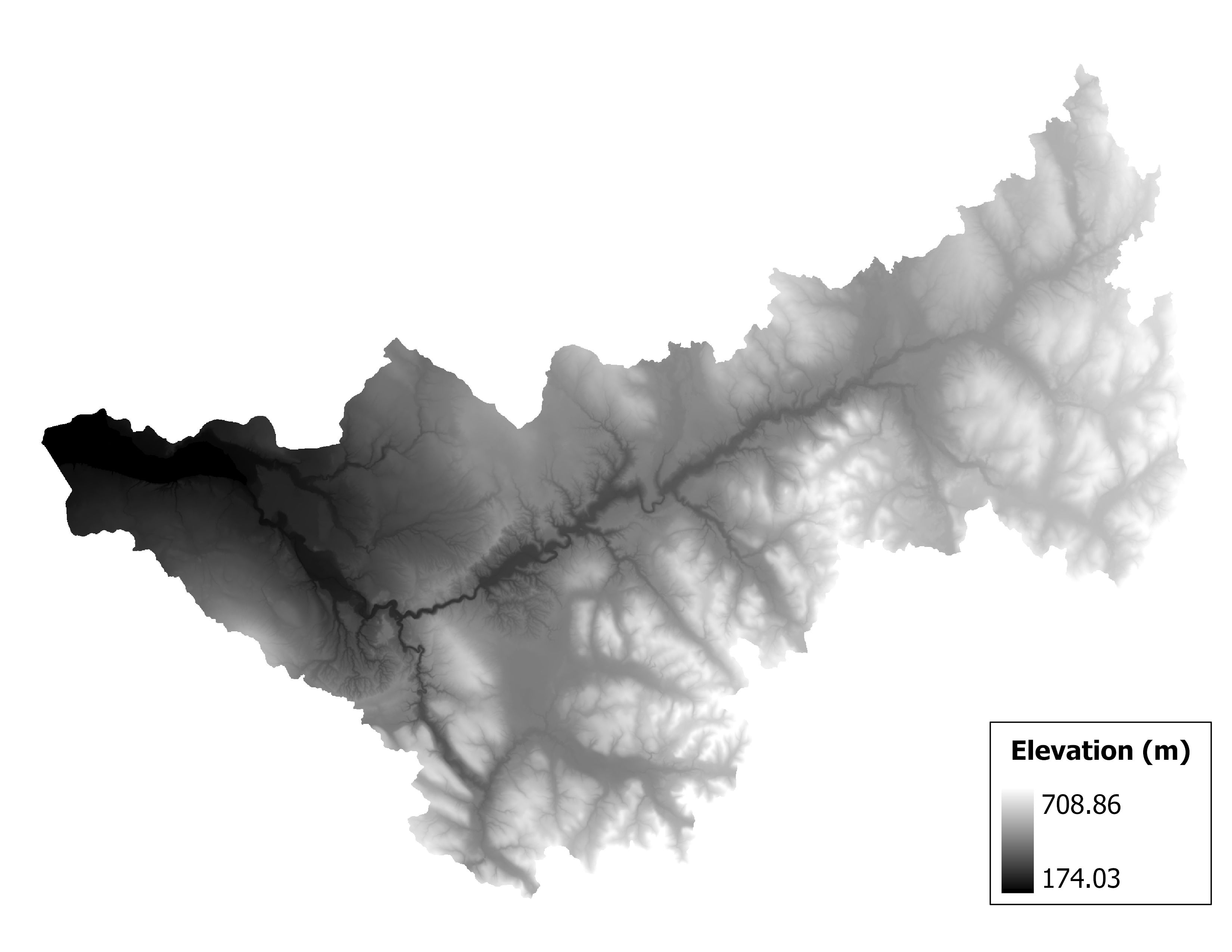 Figure 1.2: Map of elevation in the Cattaraugus subbasin. Blue stars indicate the watershed drainage point.