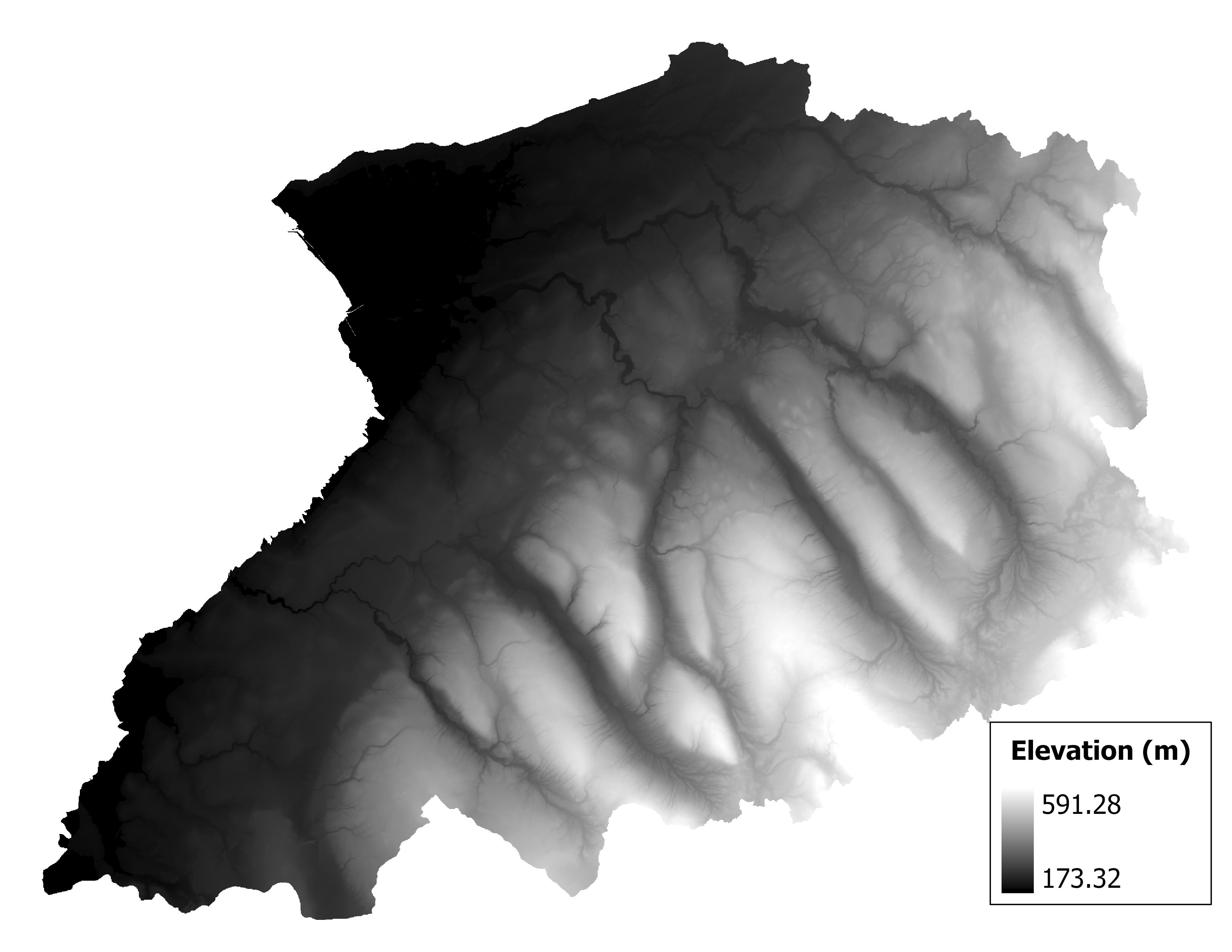 Figure 1.2: Map of elevation in the Buffalo-Eighteenmile subbasin. Blue stars indicate the watershed drainage point.