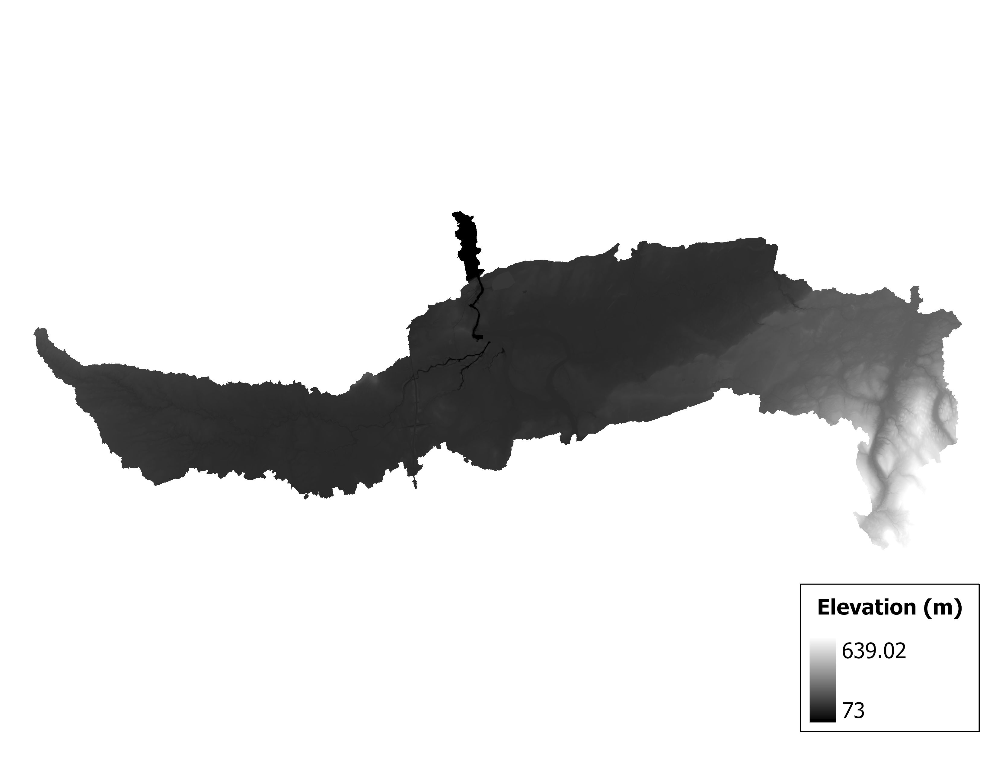 Figure 1.2: Map of elevation in the Niagara subbasin. Blue stars indicate the watershed drainage point.