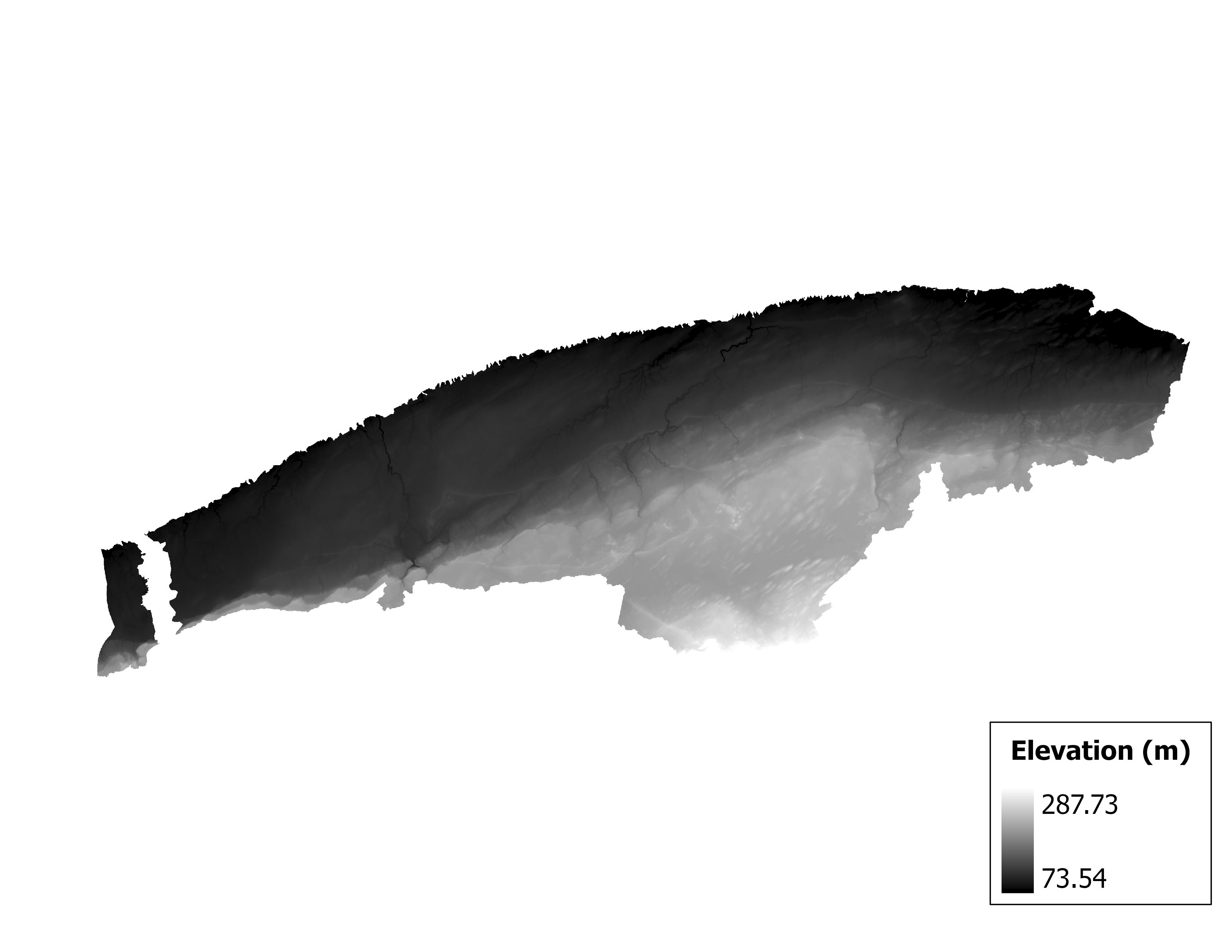 Figure 1.2: Map of elevation in the Oak Orchard-Twelvemile subbasin. Blue stars indicate the watershed drainage point.