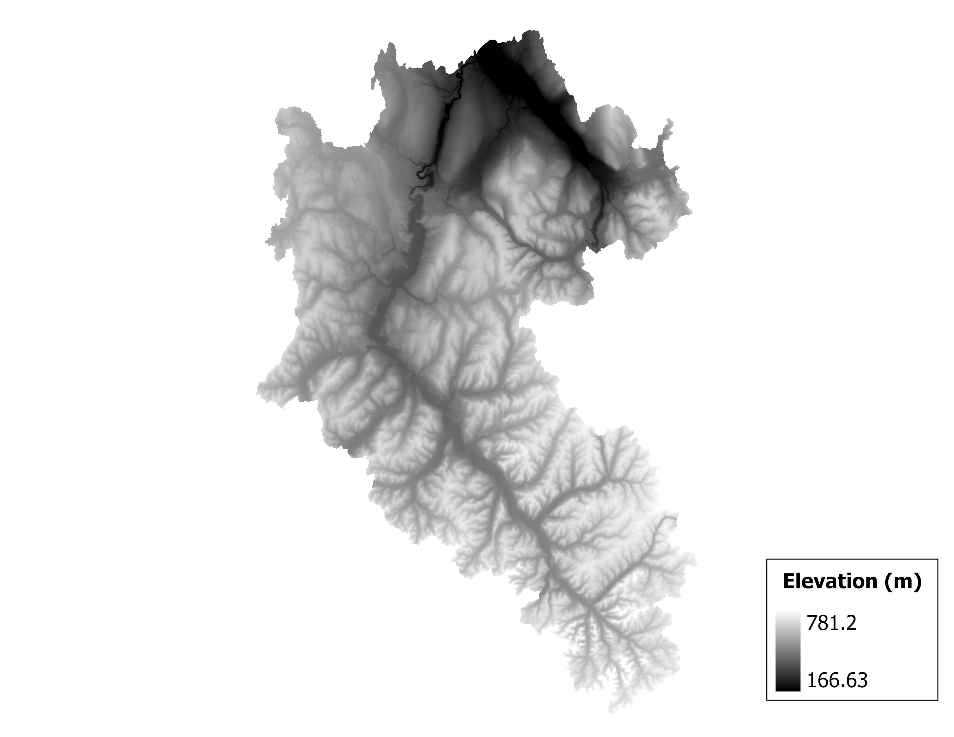 Figure 1.2: Map of elevation in the Upper Genesee subbasin. Blue stars indicate the watershed drainage point.