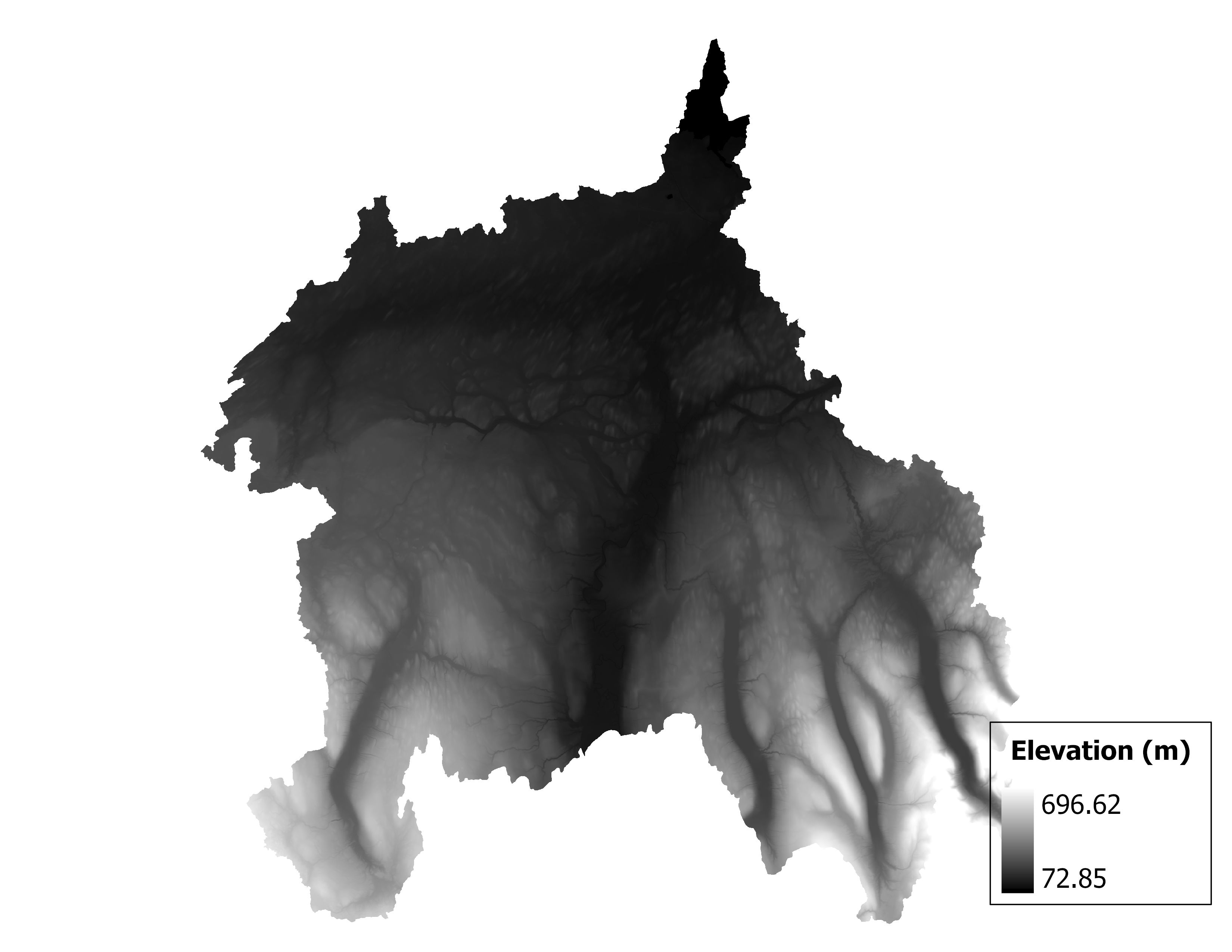 Figure 1.2: Map of elevation in the Lower Genesee subbasin. Blue stars indicate the watershed drainage point.