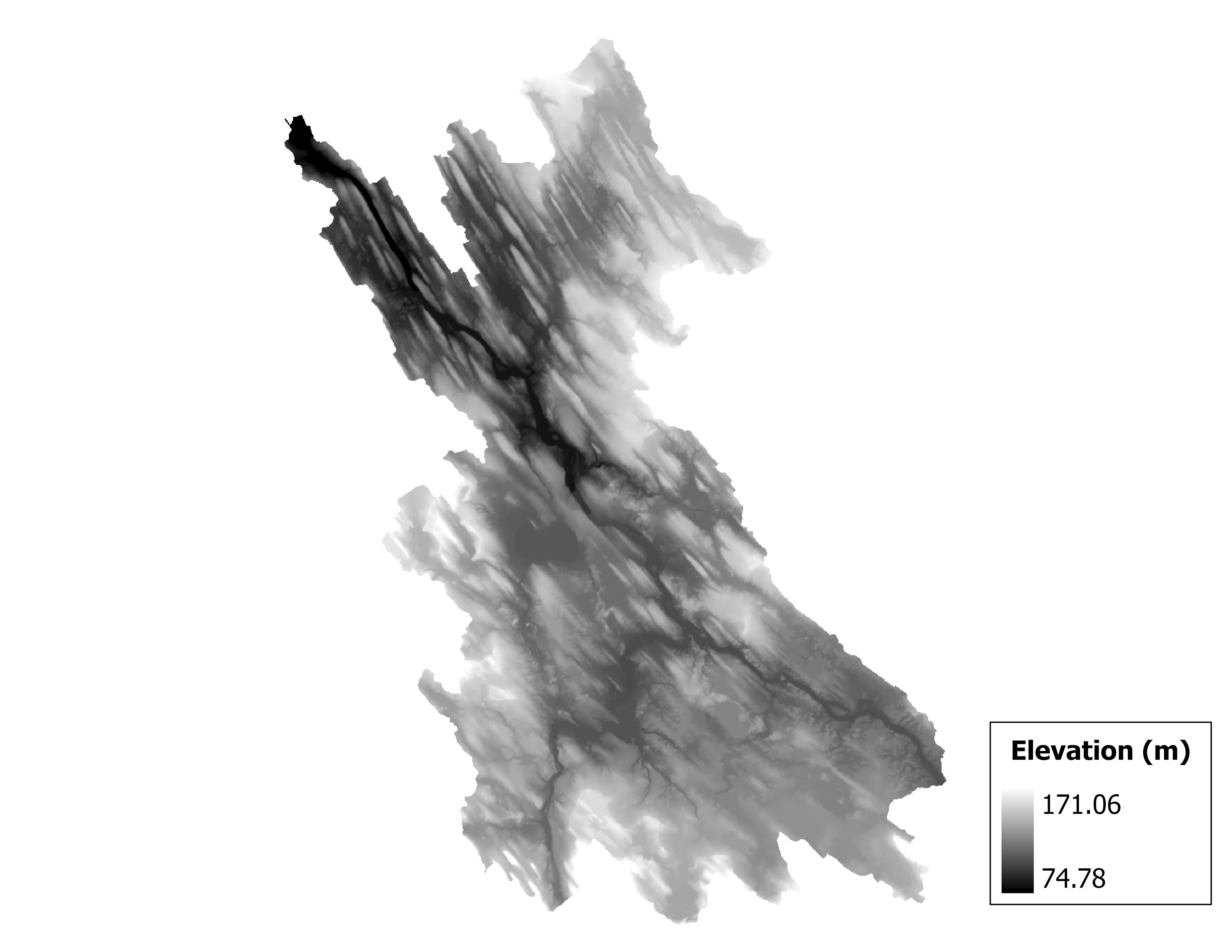 Figure 1.2: Map of elevation in the Oswego subbasin. Blue stars indicate the watershed drainage point.