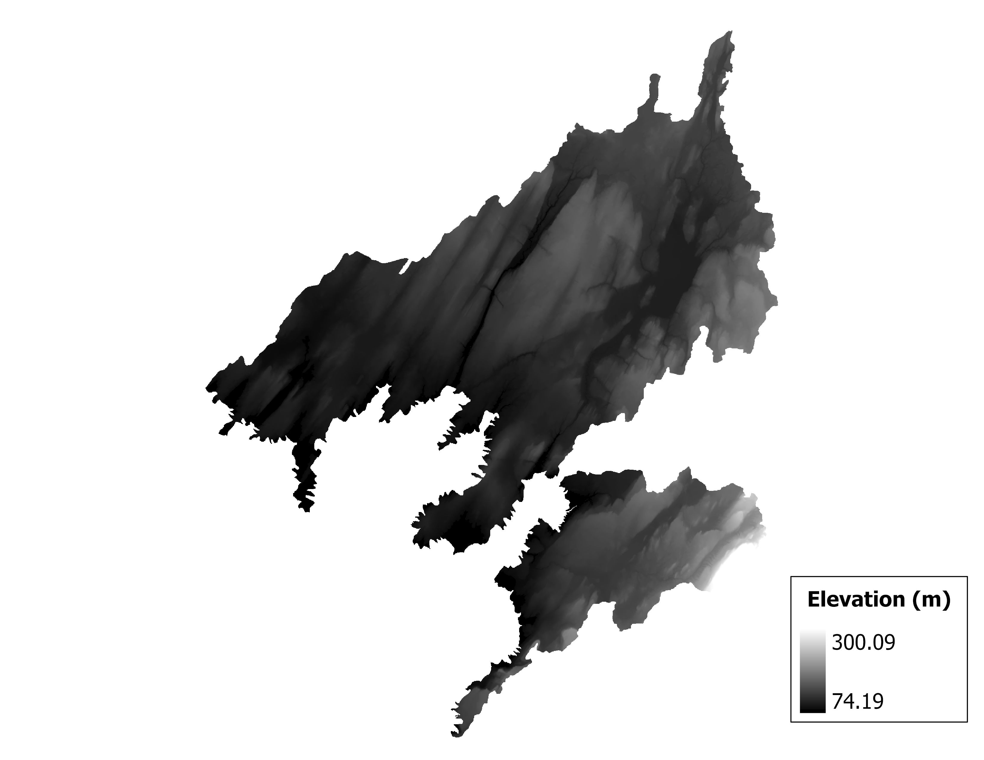 Figure 1.2: Map of elevation in the Chaumont-Perch subbasin. Blue stars indicate the watershed drainage point.